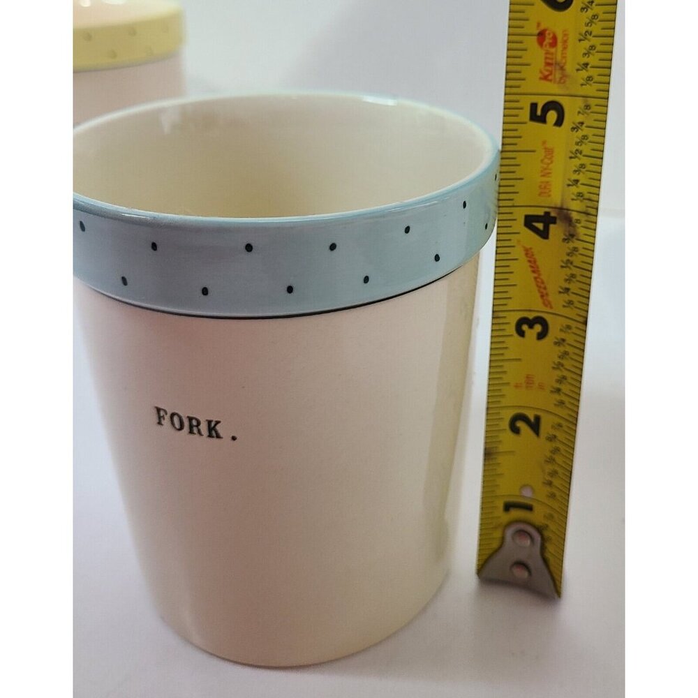 Rae Dunn 4pc Polka Dot Fork Knife Spoon Utensil Jars & Platter Blue Green Yellow - Picture 12 of 15